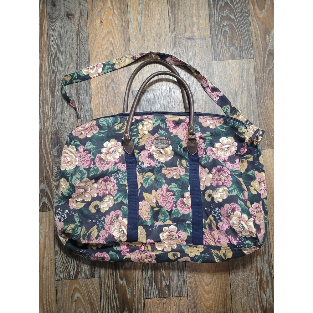 Vintage Gitano Floral Canvas Weekender Duffel Bag Navy Pink Travel Overnight Bag
